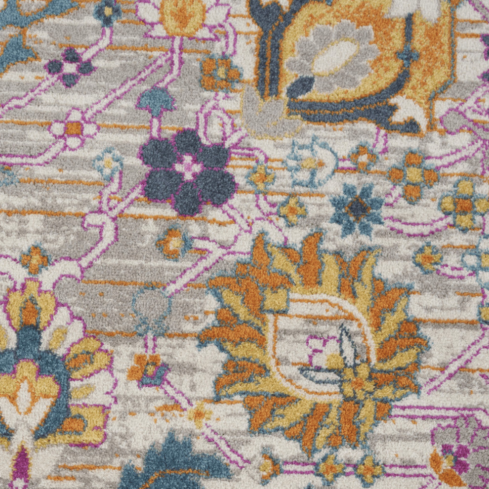 5' Gray Round Floral Power Loom Area Rug