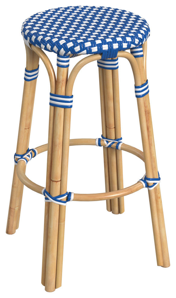 Tobias Rattan Bar Stool, Cobalt Blue and White, Diamond