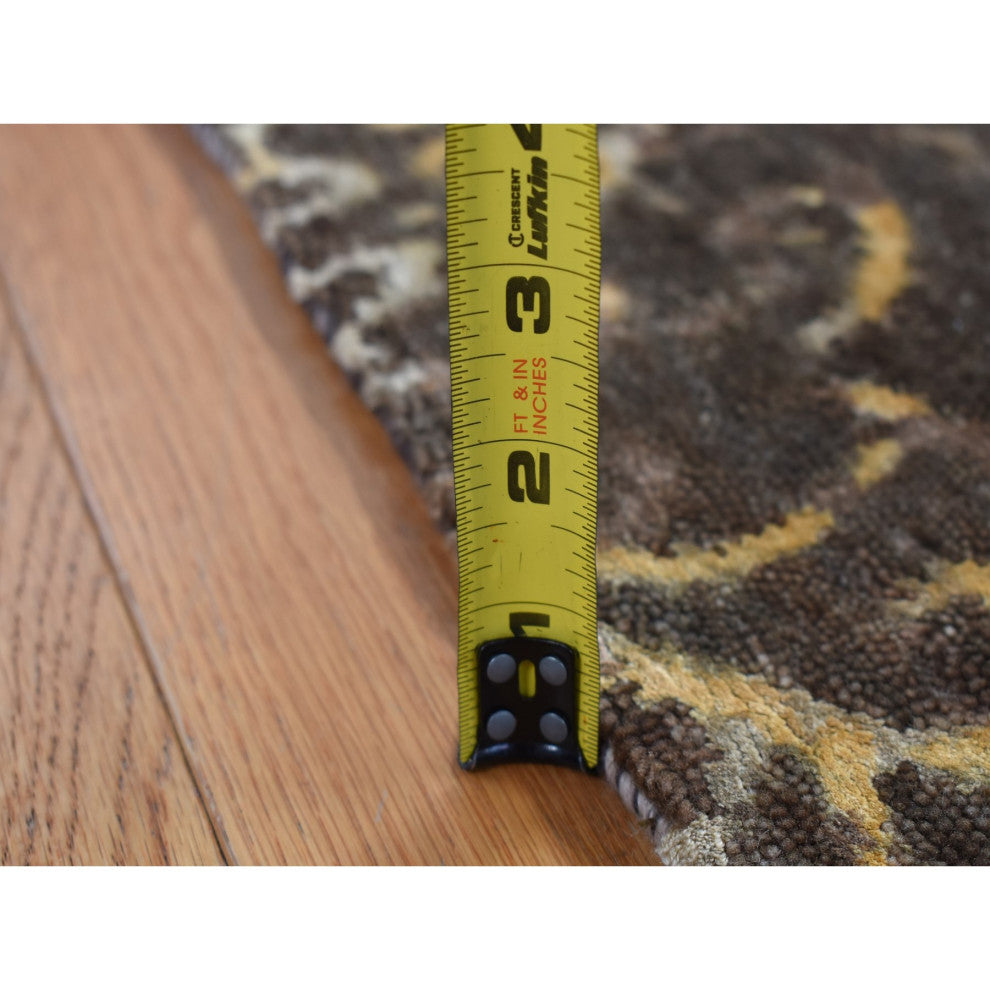 Brown Hand Knotted Damask Tone on Tone Wool and Silk Runner Rug 2'x9'10"