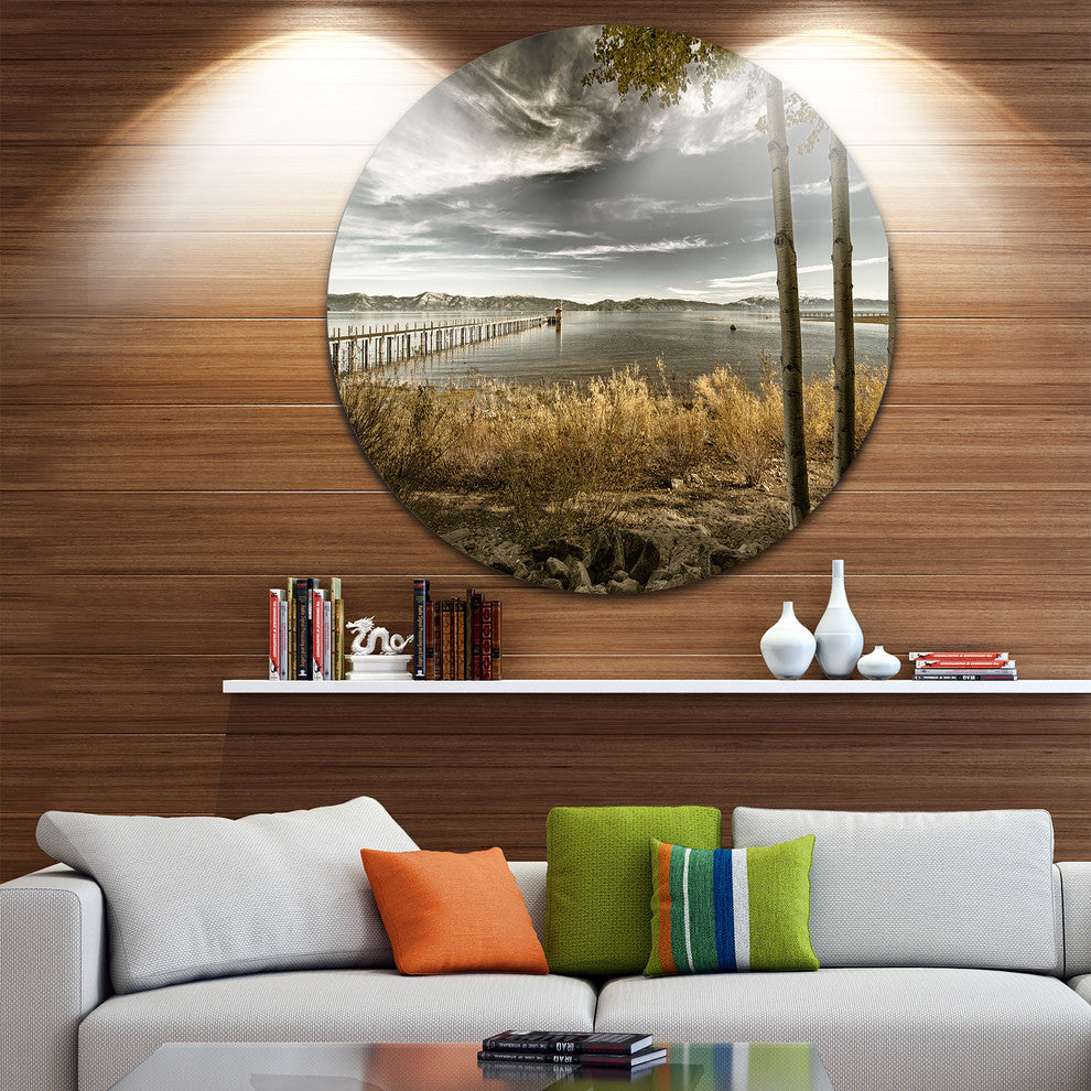 Pier In Brown Lake, Landscape Photo Round Wall Art, 11"