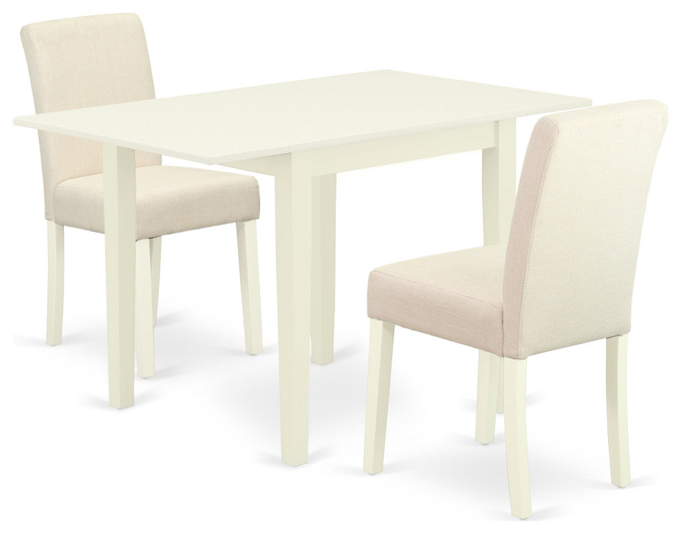 Dining Set 3 Pc, Two Kitchen Chairs, Table, Linen White Wood, Light Beige Color
