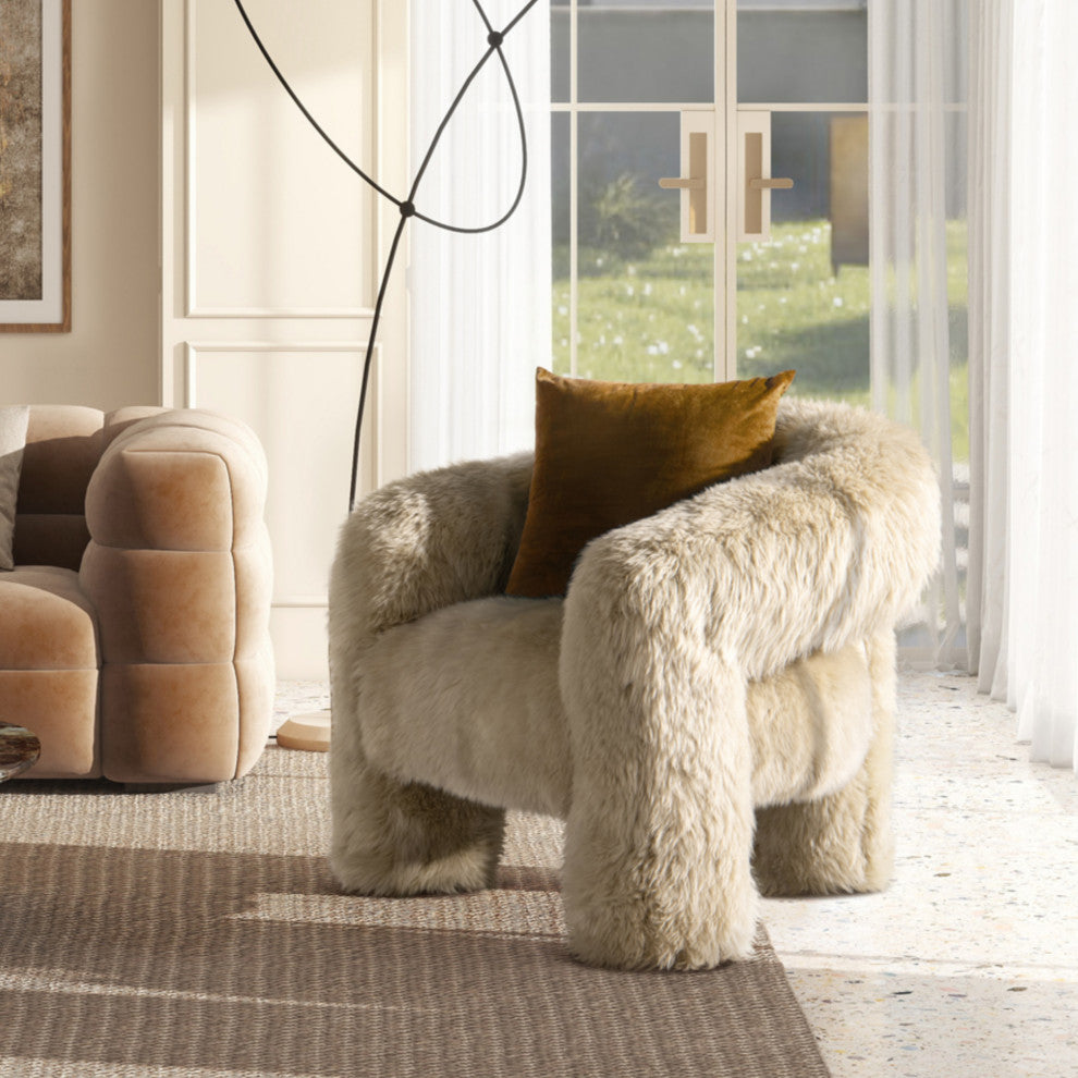 Avalon 35" Genuine Sheepskin Fur Split Barrel Back Accent Chair, Natural Blonde