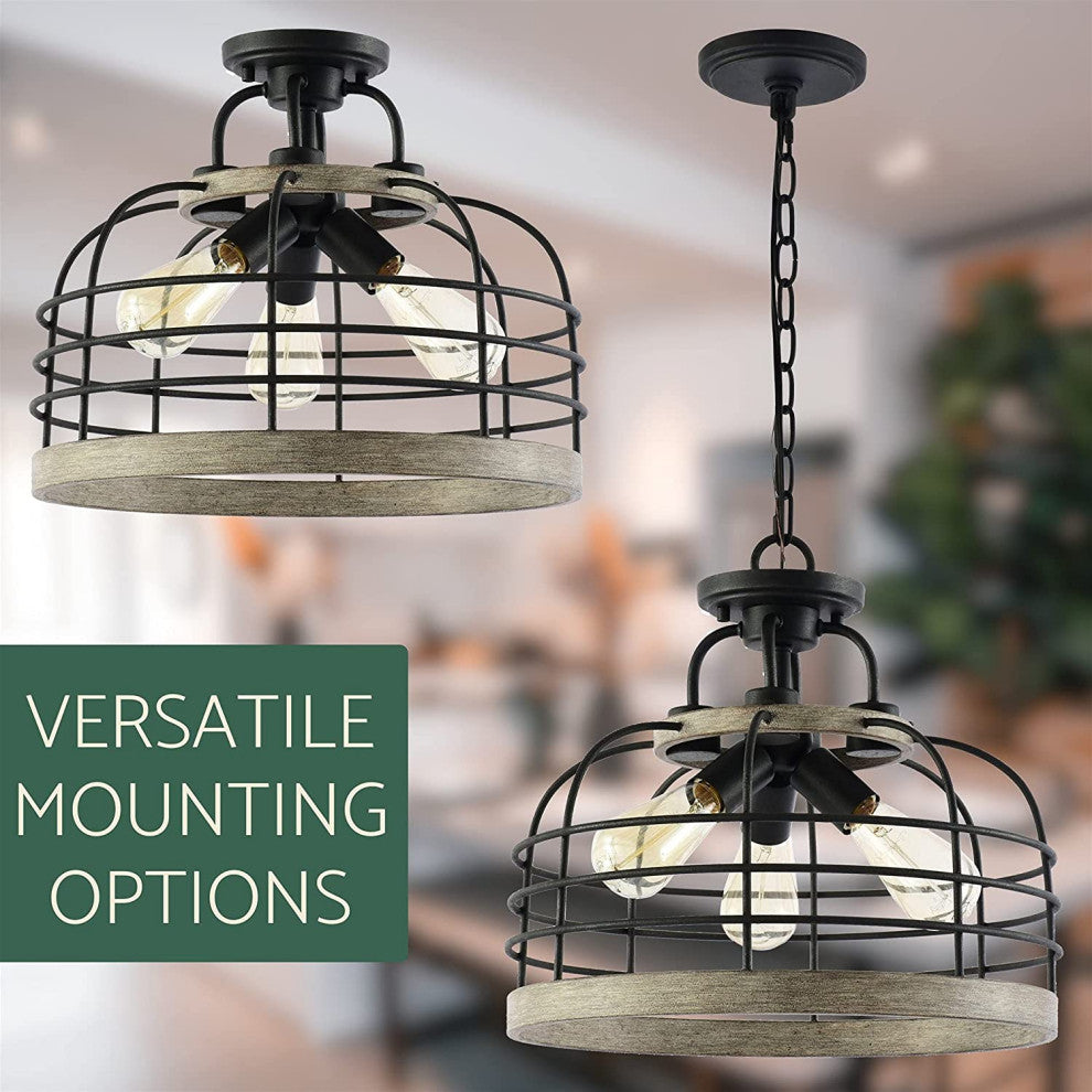 3 Light Industrial Chandelier Farmhouse Wood Cage Pendant Light