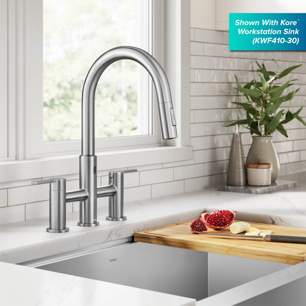 KRAUS Oletto Touchless Sensor Bridge Kitchen Faucet w Pulldown Sprayhead SFS