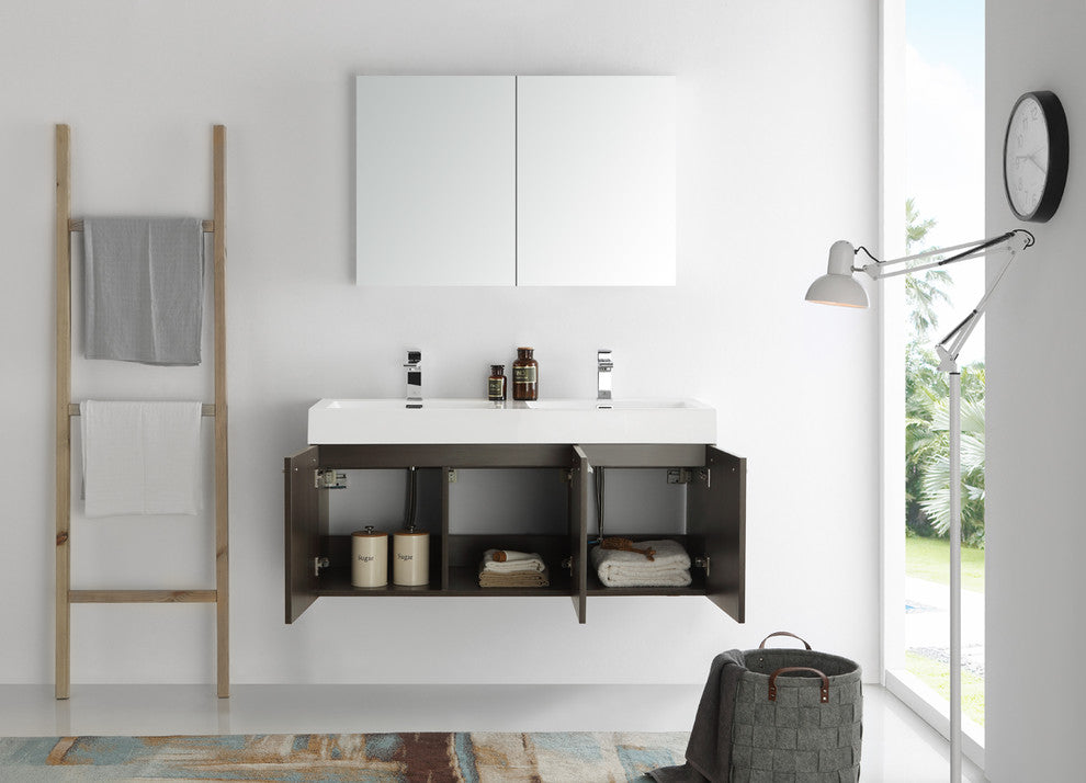 Vista 48" Gray Oak Wall Hung Double Sink Modern Bathroom Vanity, FFT1041BN