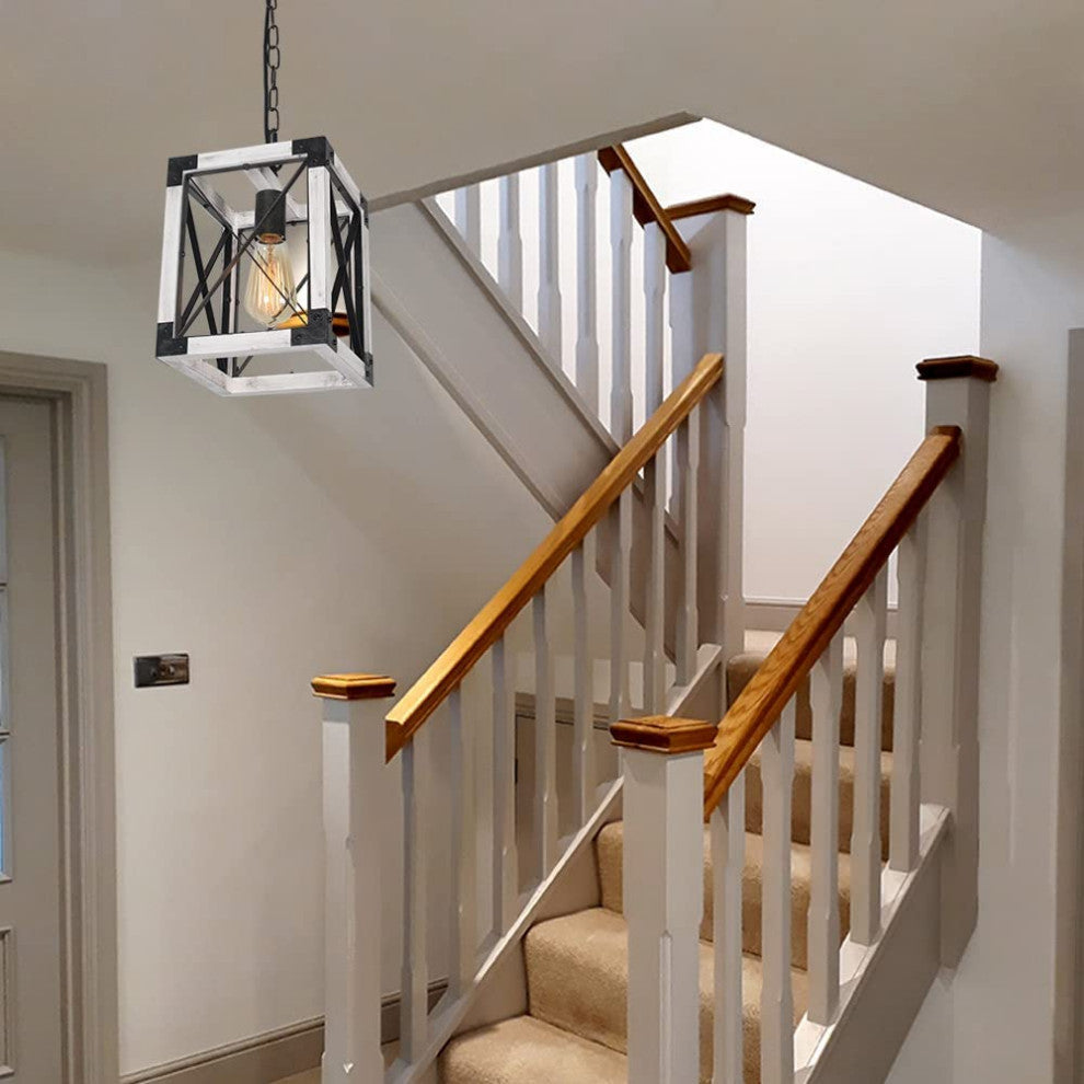 Island Wood Hanging Pendant Lamp Square Farmhouse Cage Pendant Light Fixture