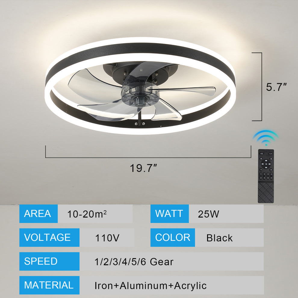 20 in. W x 6 in. H Iron Ceiling Fan in Black with Dimmable LED Lights
