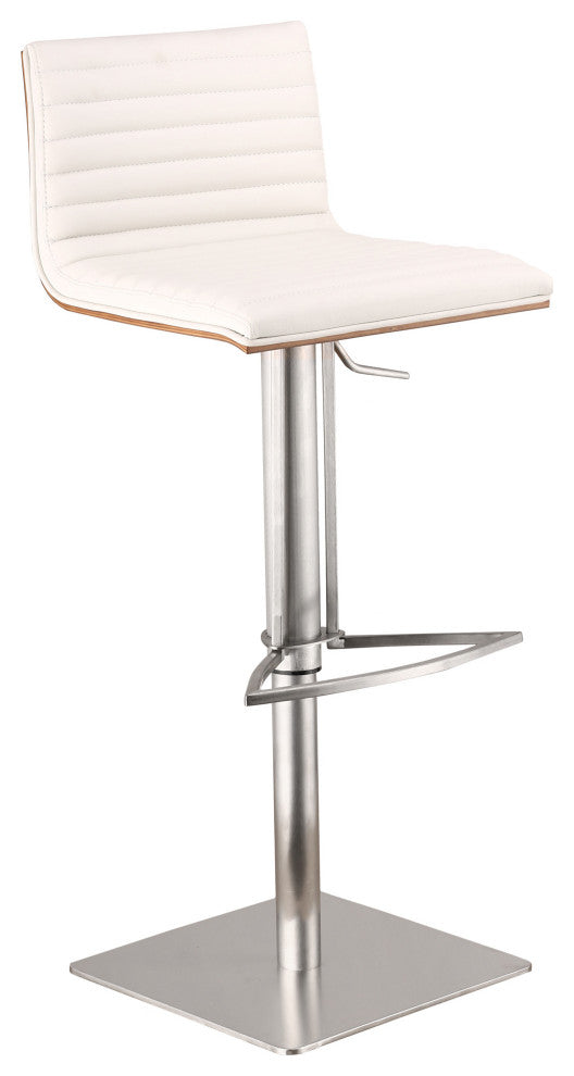 White Faux Leather Armless Swivel Bar Stool With Brushed Stainless Steel Base