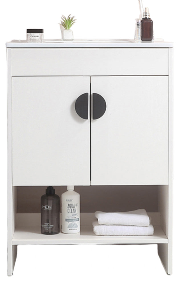 Plywood Freestanding Bath Vanity Set, Integrated Ceramic Sink, White, 24" X 18"