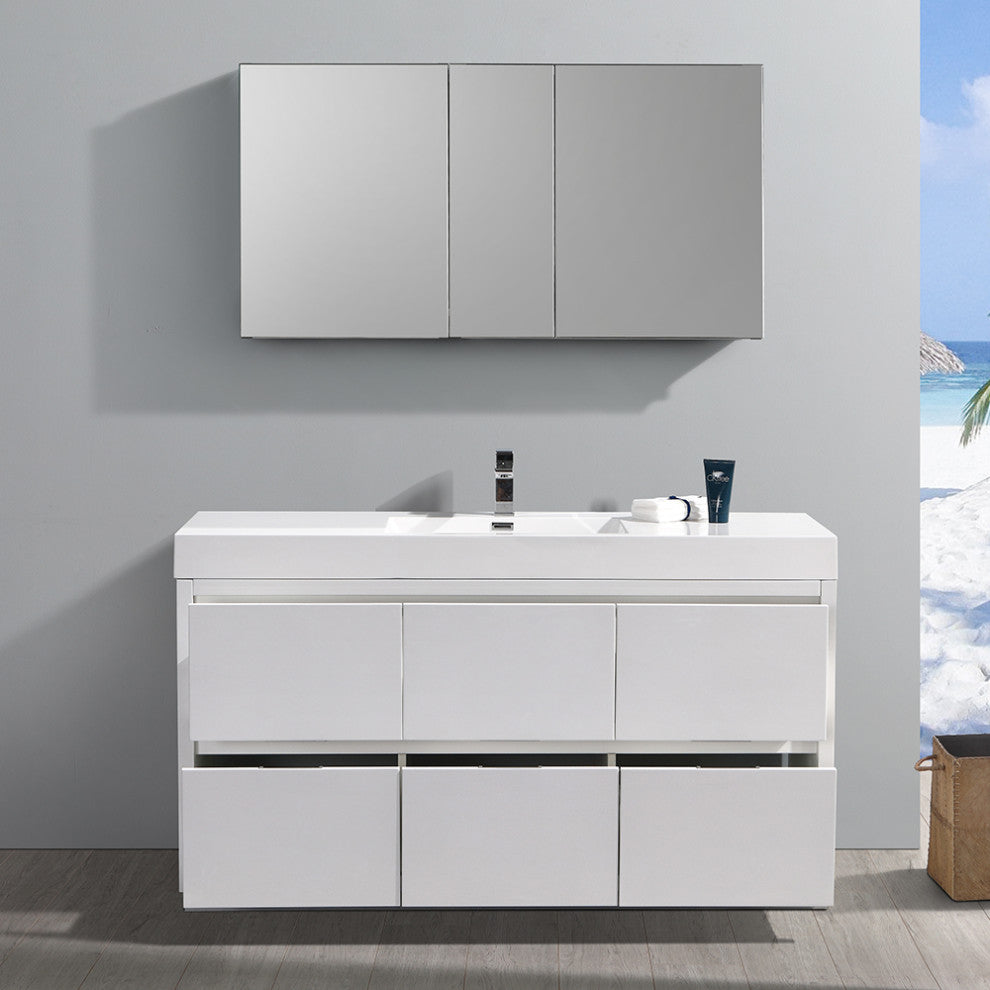 Valencia Free Standing Bathroom Vanity, Medicine Cabinet Glossy White 60"