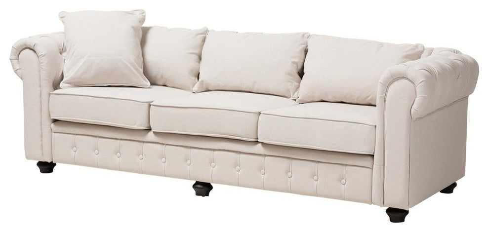 Alaise Modern Classic Beige Linen Tufted Scroll Arm Chesterfield Sofa