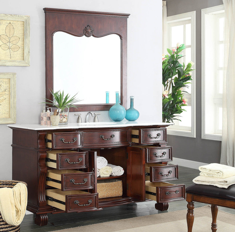 60 inch Cherry Wood Hopkinton Bathroom Sink Vanity White Marble Top