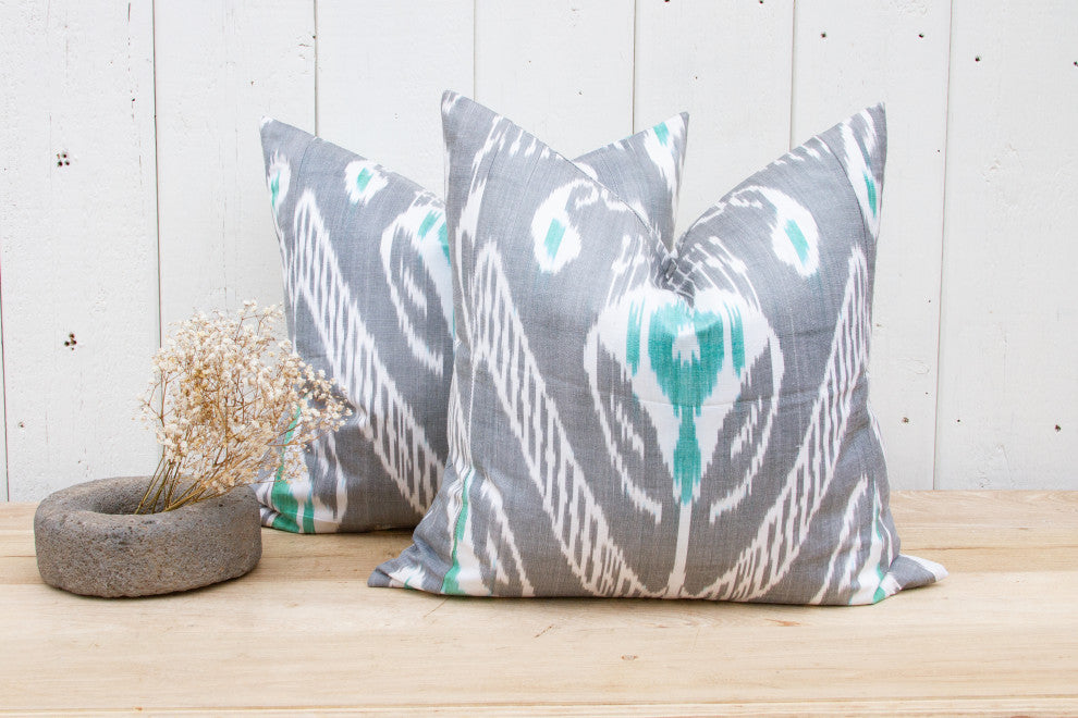 Pair of Gray Ikat Silk Pillows