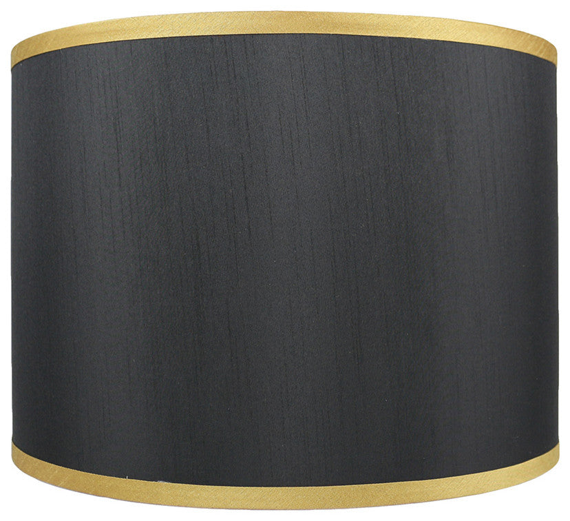Black with Gold Trim Faux Silk Classic Drum Lampshade, 14"x14"x10"