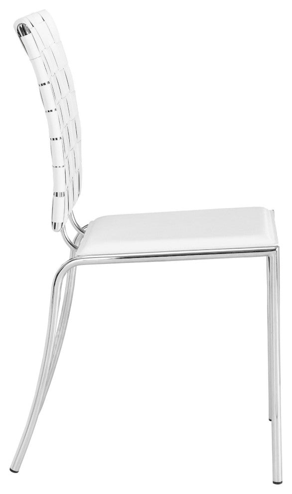 Set of Four White Faux Leather and Steel Modern Basket Weave Dining Chairs