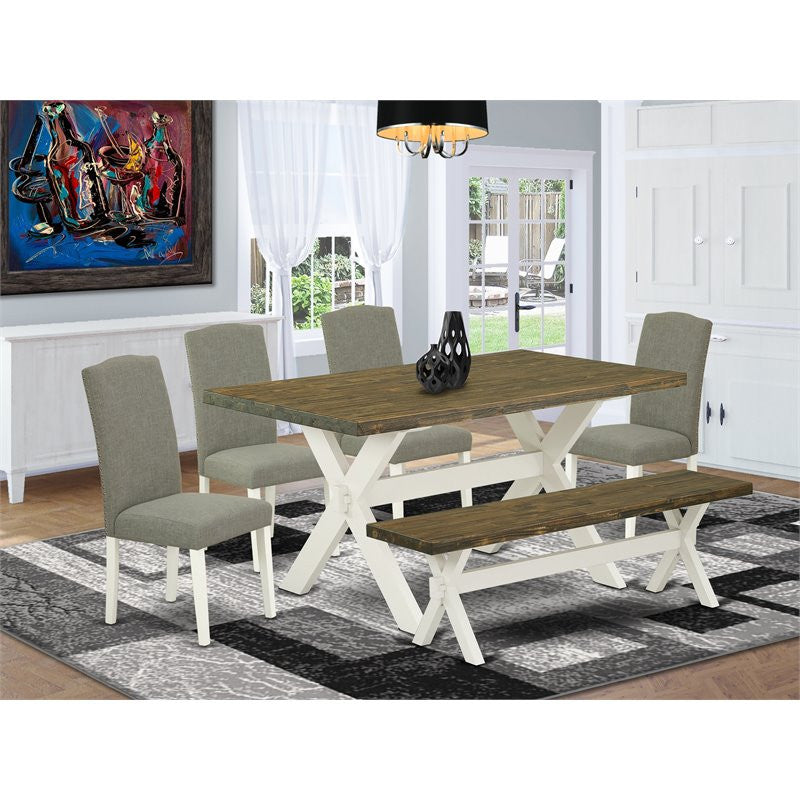 X076En206-6, 6-Piece Table Top and Jacobean Small Bench and 4 Chairs, Black
