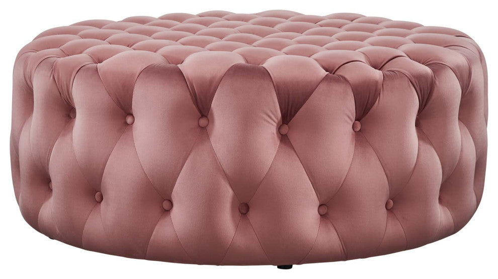 Round Ottoman Accent Tufted Chair, Pink, Velvet, Modern, Lounge Hospitality