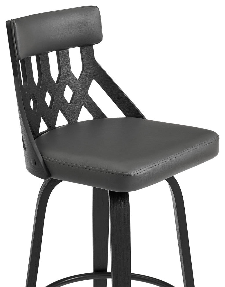 26" Grey Fauz Leather Curved Back Walnut Wood Swivel Bar Stool