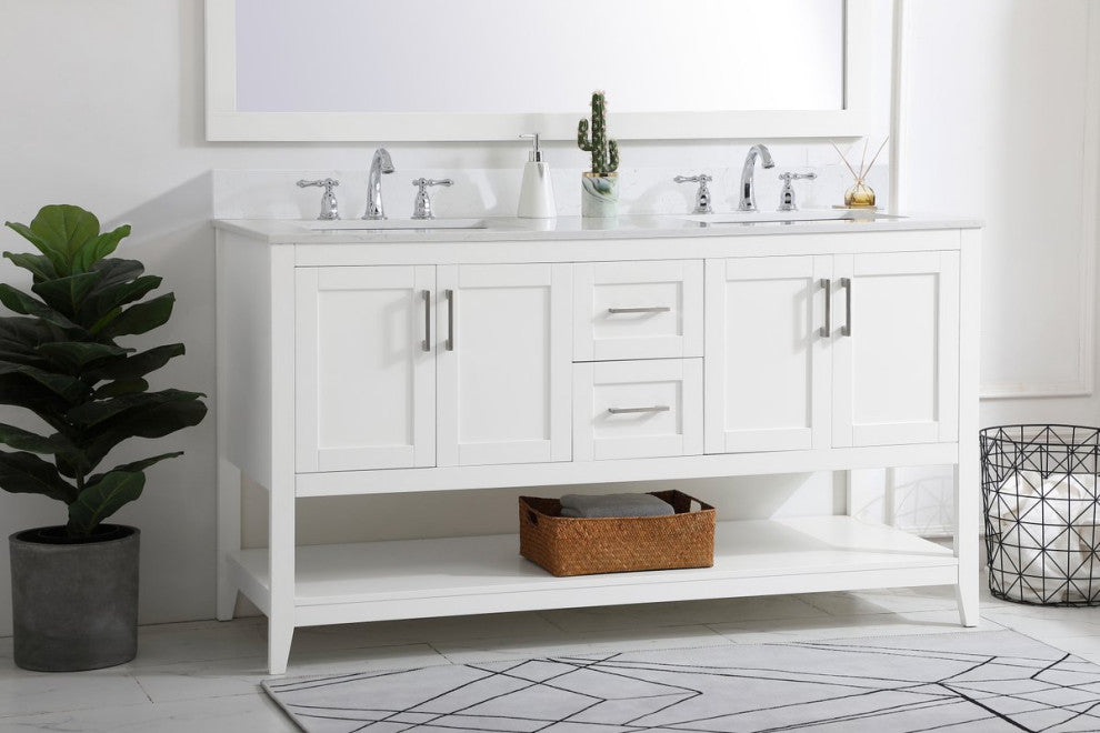 Elegant VF16060DWH-BS 60"Double Bathroom Vanity, White With Backsplash