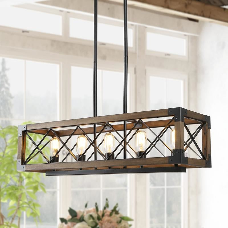 LNC 5-Light Farmhouse Rectangular Wood and Metal Kitchen Island Lighting