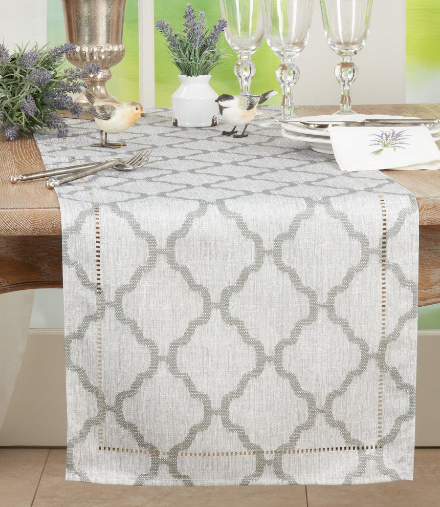 Runner With Laser-Cut Hemstitch Design, Grey, 16"x108"