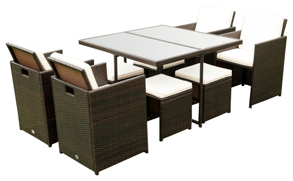 9 Pieces Outdoor Patio Rattan Dining Set Outdoor Space Saving Chairs With Glass