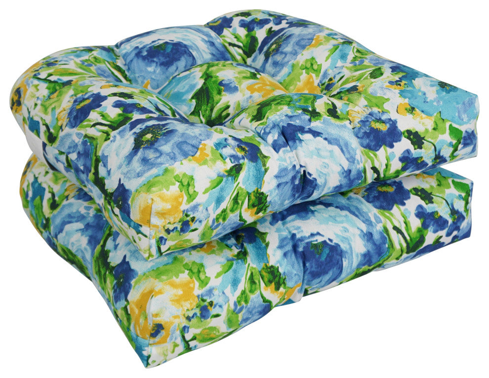 19" U-Shaped Patterned Tufted Dining Chair Cushions, Set of 2, Lesandra Sunblue