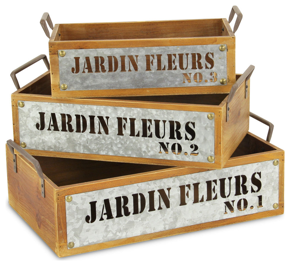 Jardin Fleurs Wood Metal Stamped Crate, Set of 3