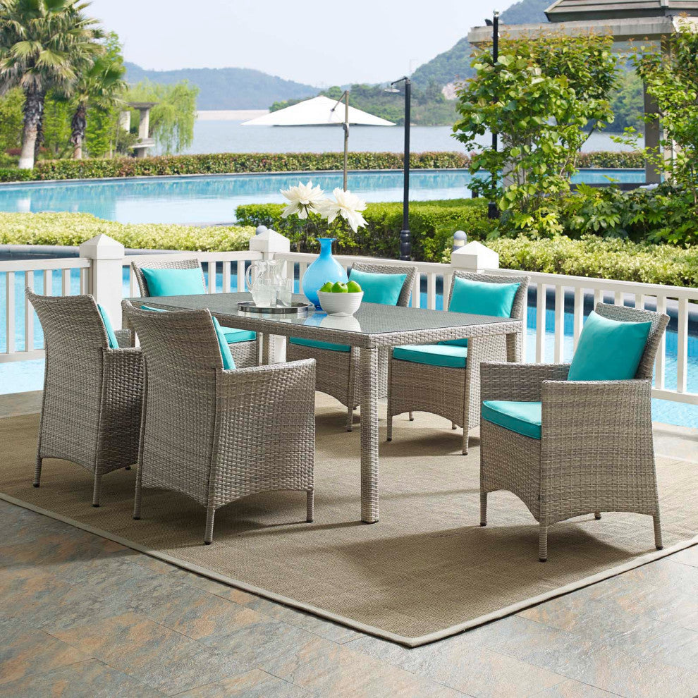 Side Dining Chair and Table Set, Rattan, Wicker, Gray Blue, Modern, Outdoor