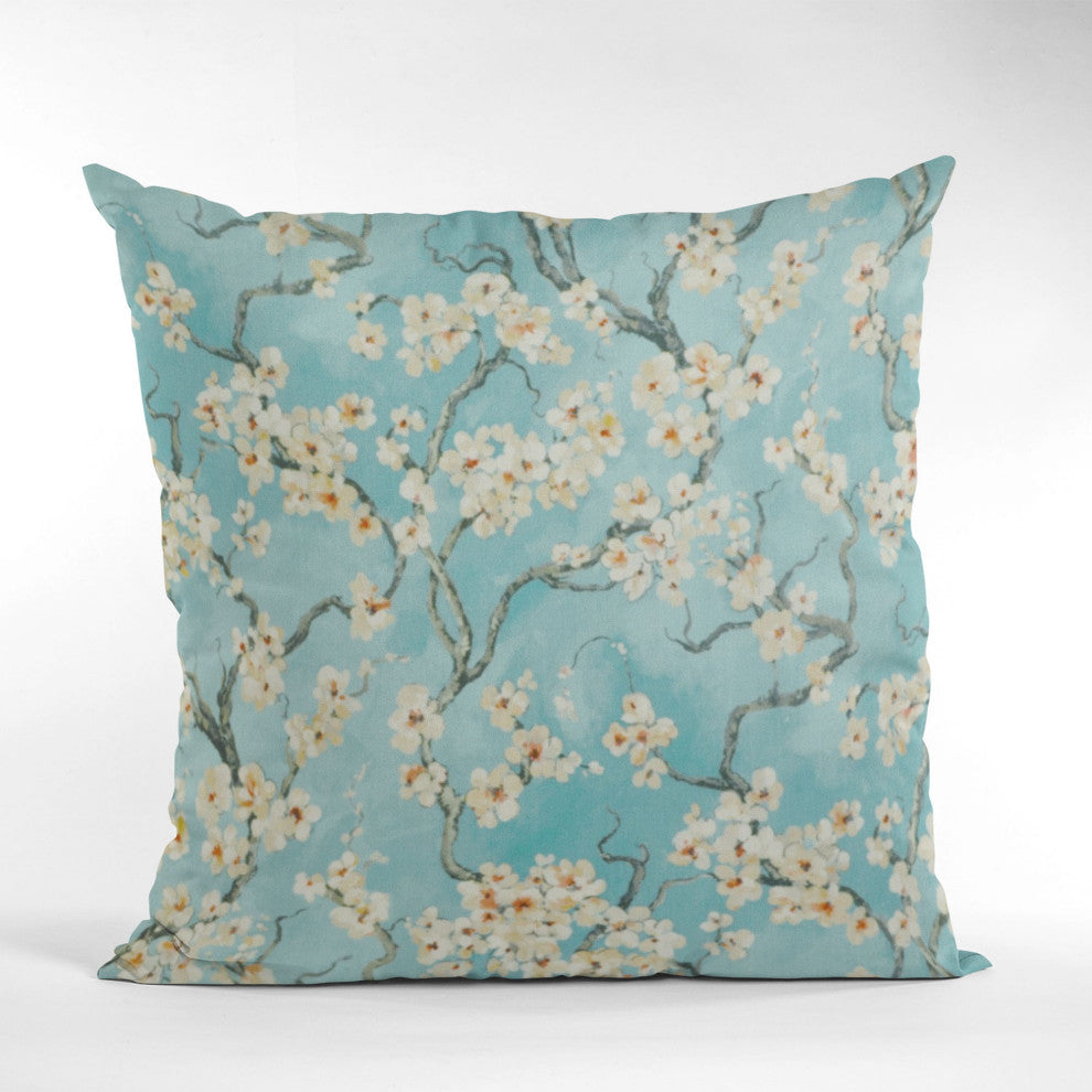Azure Garden Cherry Blossoms Luxury Throw Pillow, Double Sided 20"x20"