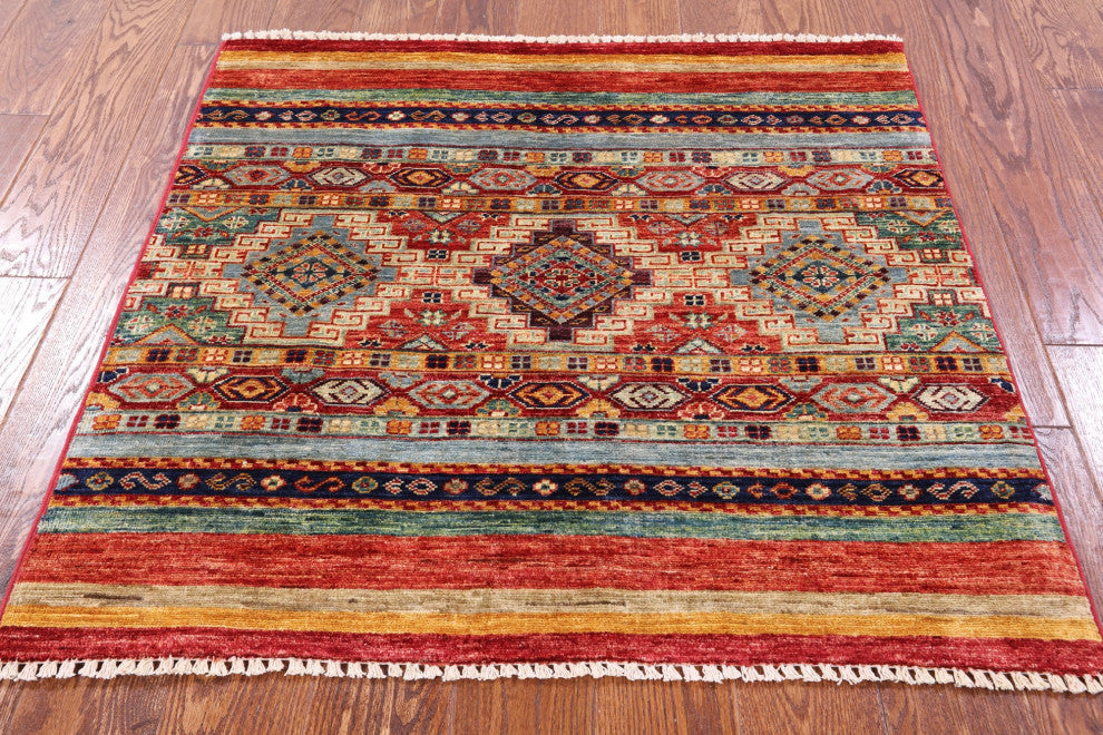 3' 3" X 3' 6"' Square Super Kazak Khorjin Handmade Rug Q10819