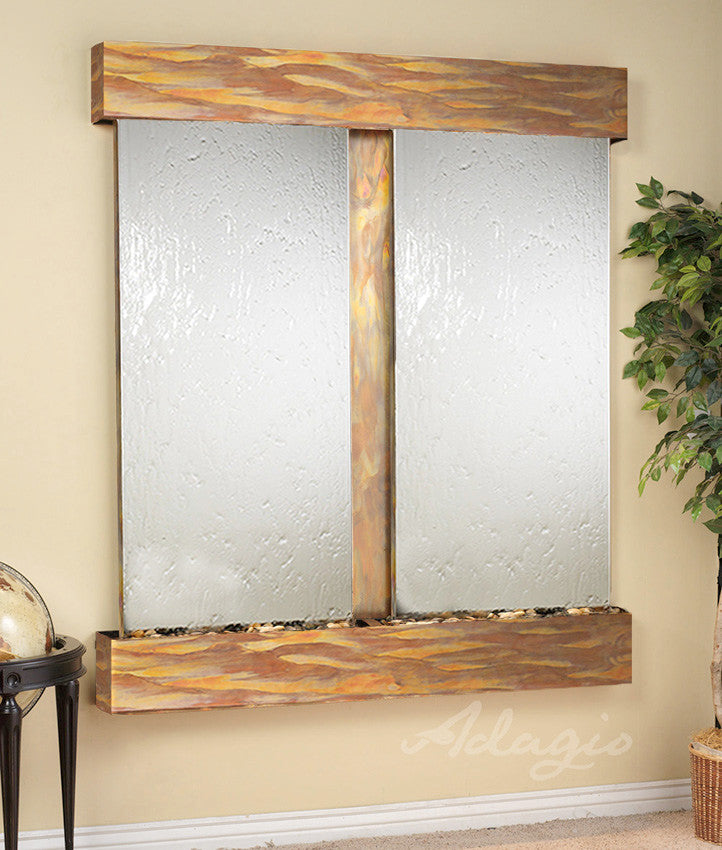 Cottonwood Falls Water Fountain, Silver Mirror, Rustic Copper, Square