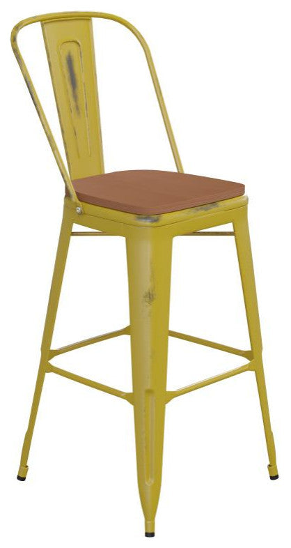 Yellow Metal Stool, Teak Seat