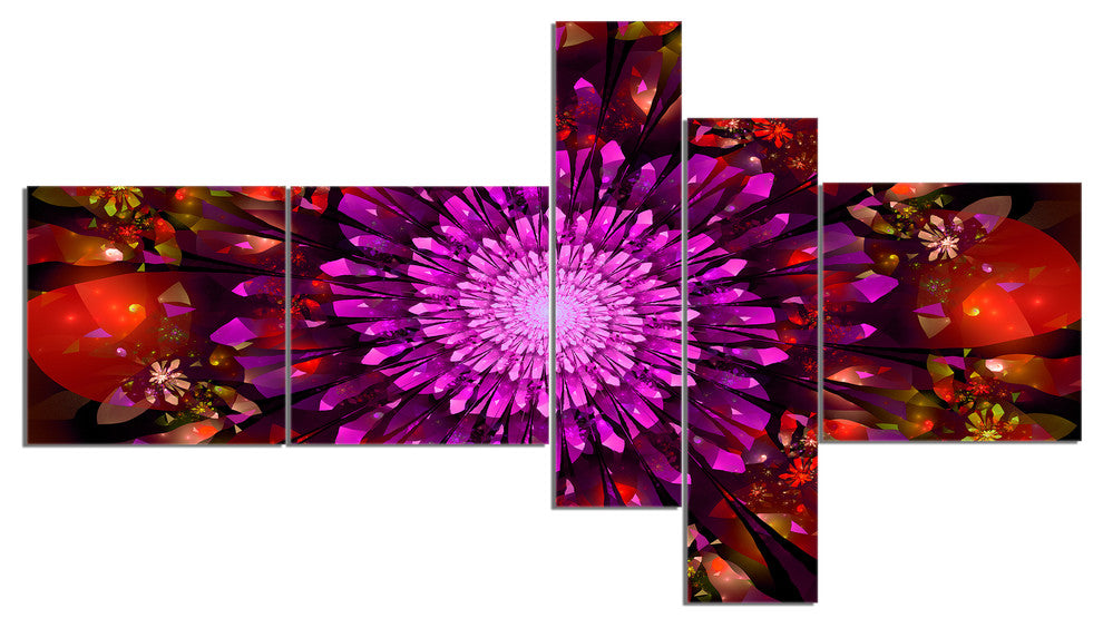 Purple Glowing Crystals In Space, Floral Canvas Art Print, 60"x32", 5 panels