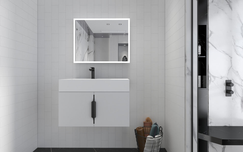 CastelloUSA Amazon 30" Left Wall Mounted Bathroom Vanity Set, White, White Top, Black Handles