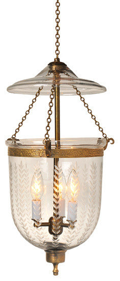 Vertical Leaf Etching Hundi Glass Bell Jar Lantern 7", Nickel Silver
