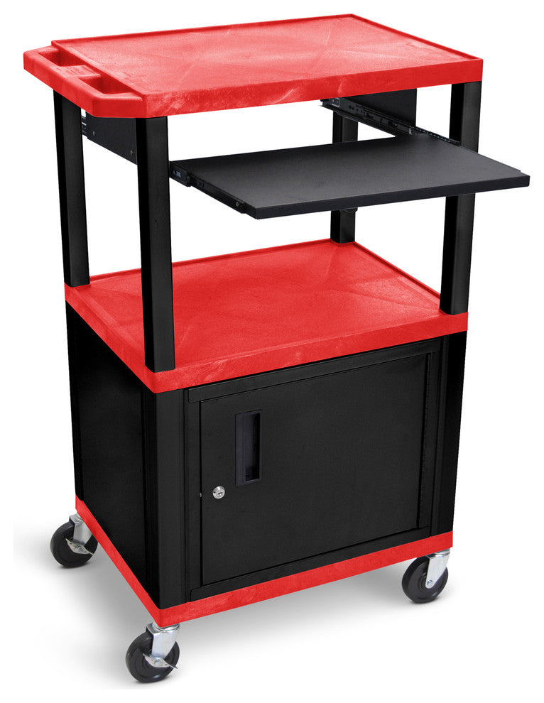 Luxor Tuffy Red 42" 3-Shelf Cart, Black Pullout Shelf, Cabinet, Legs, Electric