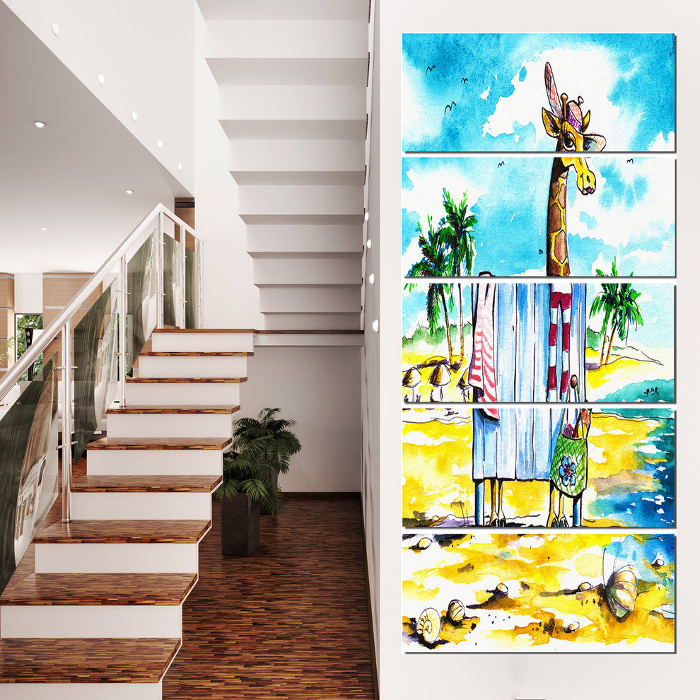 "Giraffe in Dressing Room on Beach" Cartoon Animal Print, 5 Panels