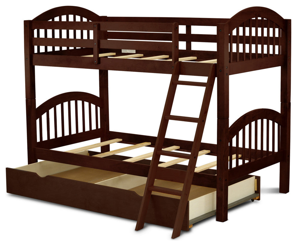 Verona Twin Bunk Bed In Java Finish With Convertible Trundle & Drawer