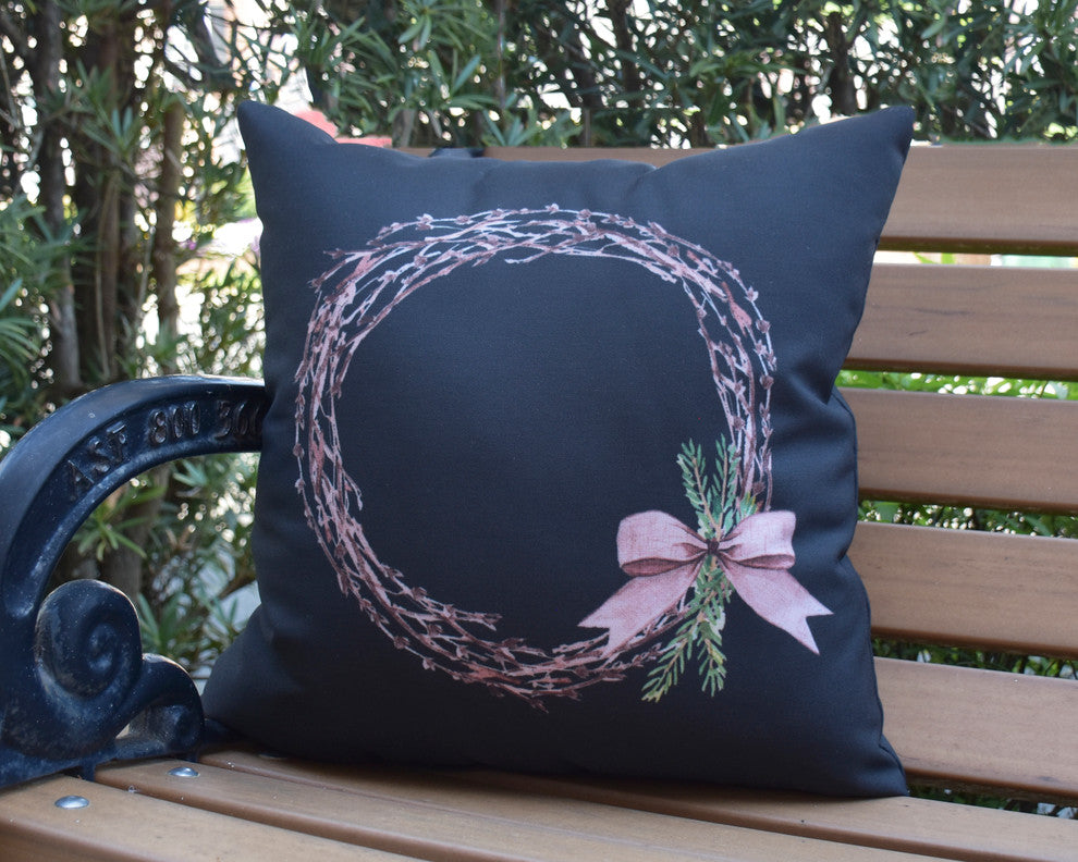 Sprig of Green Black Holiday Print Decorative Outdoor Throw Pillow, 18"