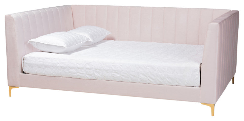 Taryn Modern Luxe Light Pink Velvet Fabric and Gold Queen Daybed