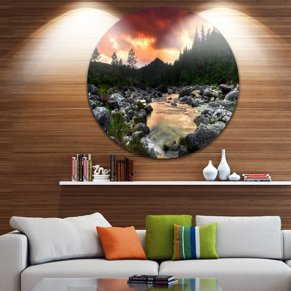 Rocky Mountain River At Sunset, Round Wall Art Landscape, 11"