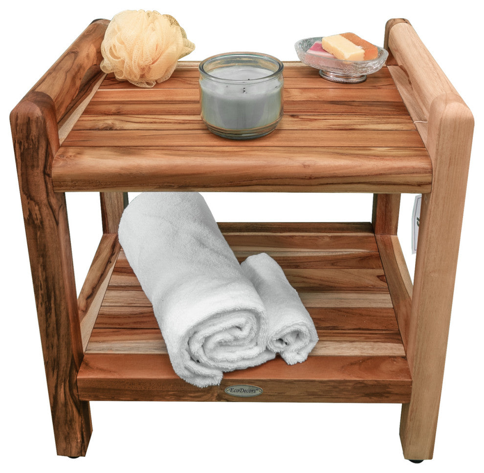EcoDecors EarthyTeak Classic Shower Bench, Shelf and LiftAide Arms, 18"