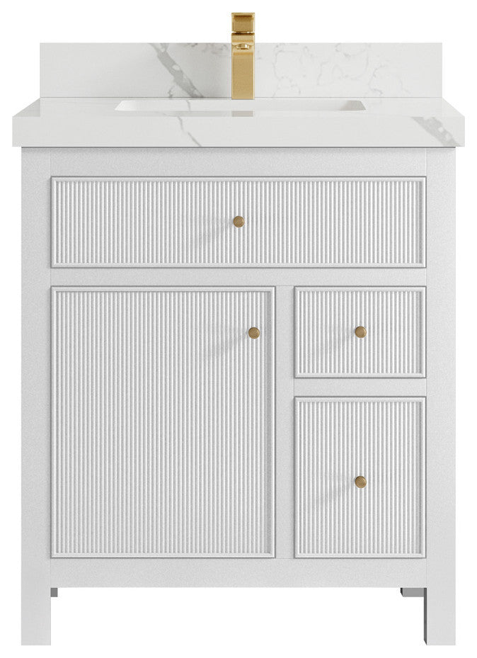 Sonoma 30 Single Sink Reeded Bath Vanity in White 2" Calacatta Laza