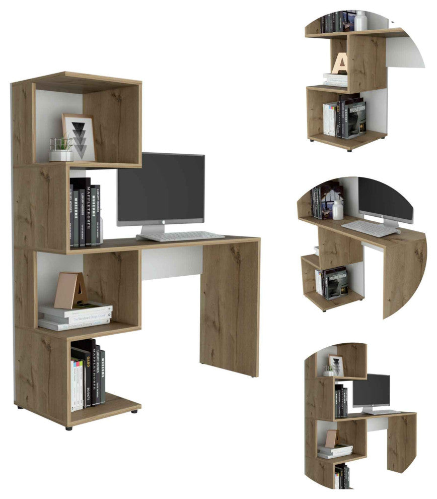 Lincoln Desk with Bookcase and 4 Storage Shelves, Light Oak/White