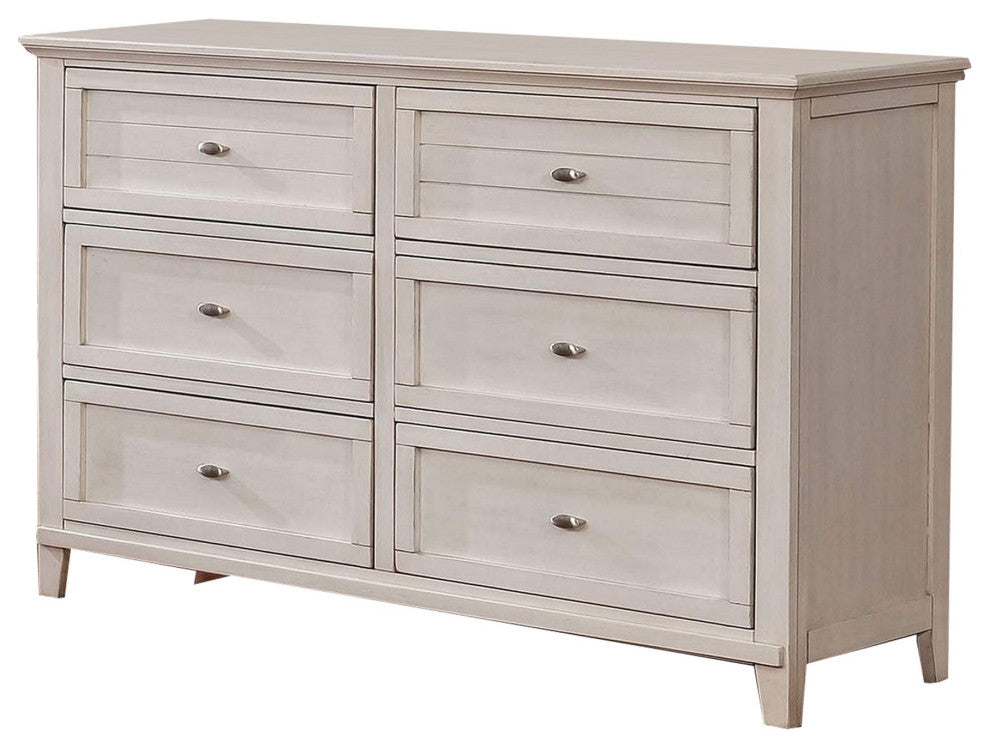 Benzara BM252378 Dresser With 6 Drawers and Metal Pulls, Antique White
