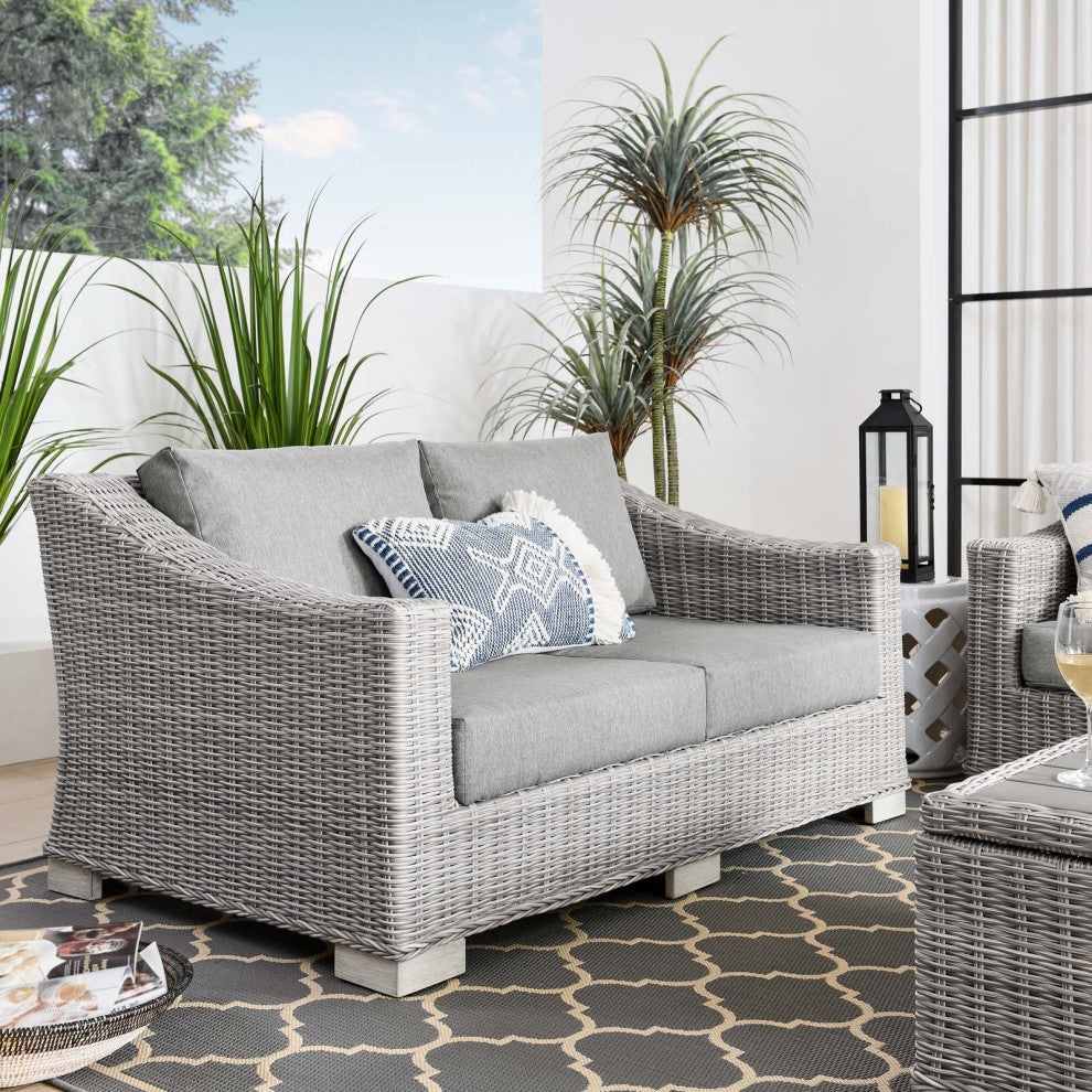 Lounge Loveseat Sofa, Rattan, Wicker, Gray, Modern, Outdoor Patio Bistro
