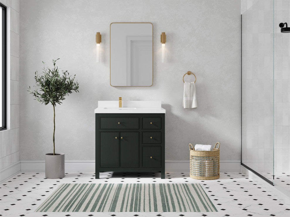 Sonoma 36 Left Offset Reeded Bath Vanity in Dark Forest Green 2" White Quartz