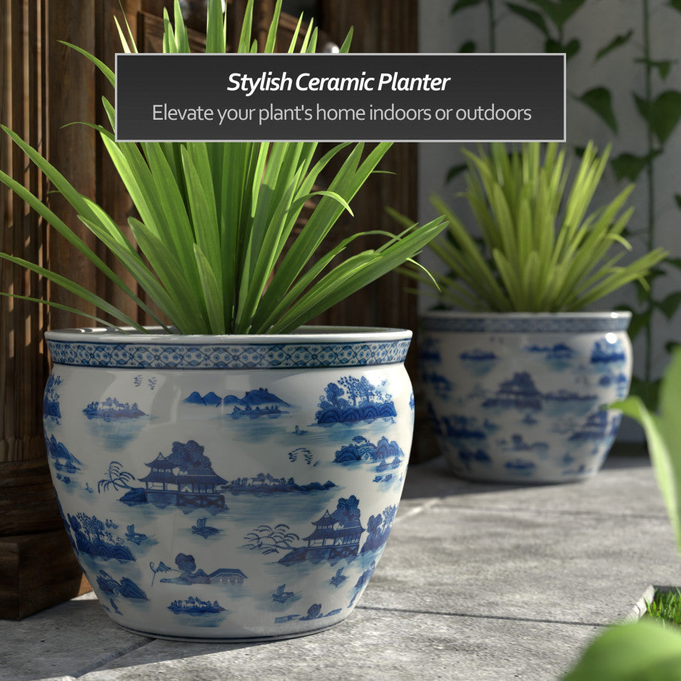 20" Porcelain Fishbowl Blue and White Landscape