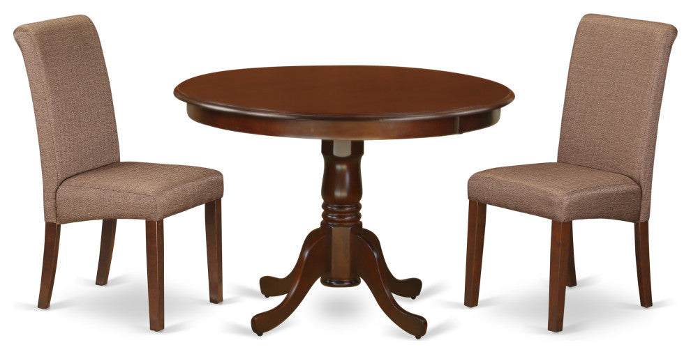 3Pc Small Round Table, Linen Brown Fabric Dining Chairs, Mahogany Chair Legs